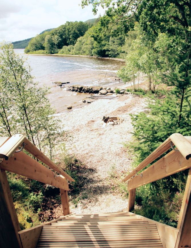 Wooden steps down to beach at Loch Ness